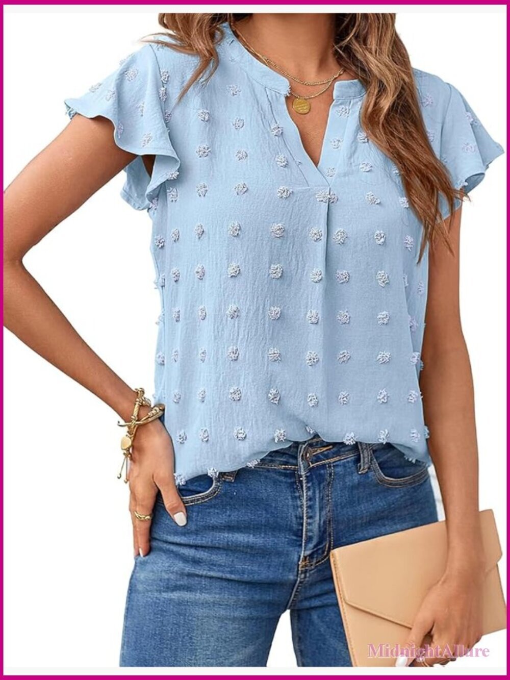 Swiss Dot V-Neck Ruffle Short Sleeve Tunic Blouse Flowy Shirt